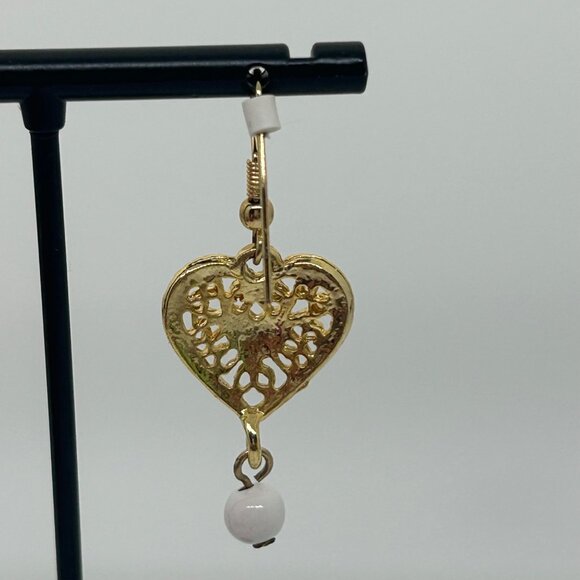 Vintage Gold-Tone Heart Drop Earrings With White Accents & Filigree Design - Picture 11 of 16